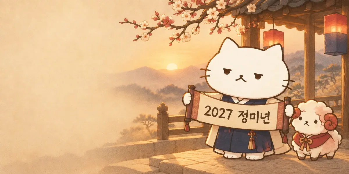 정미년 두루마리를 든 점냥이와 붉은 양