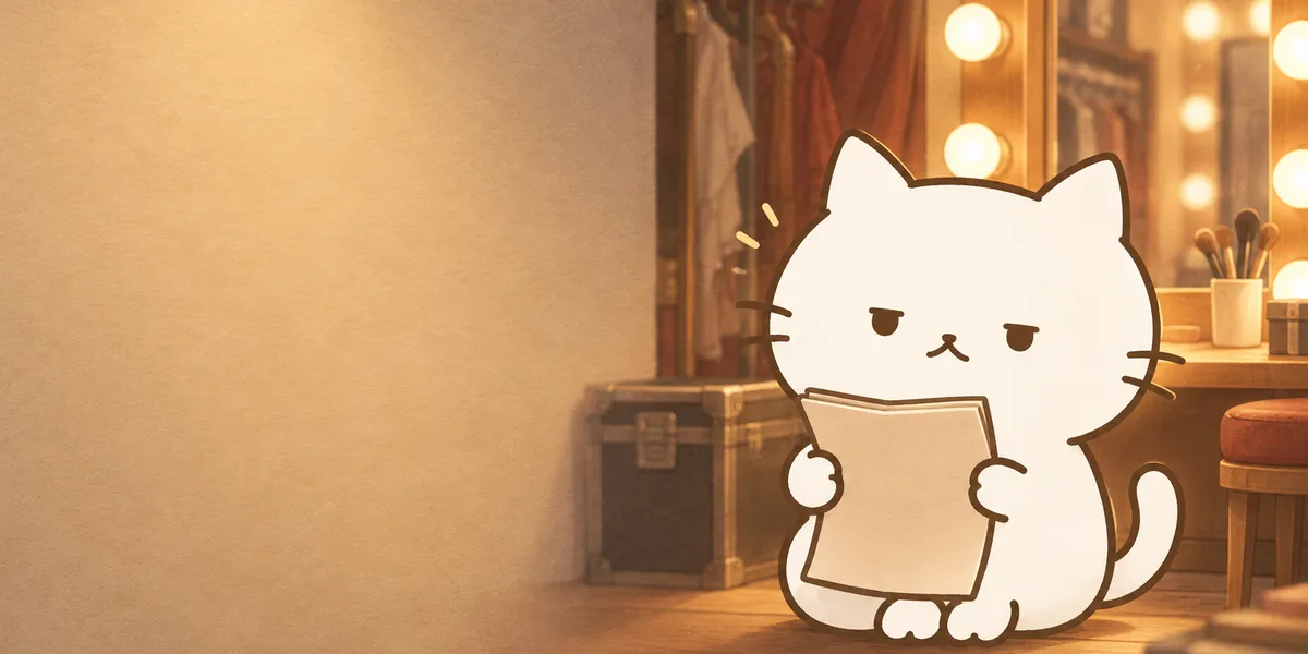 분장실 거울 앞에서 대본을 든 점냥이