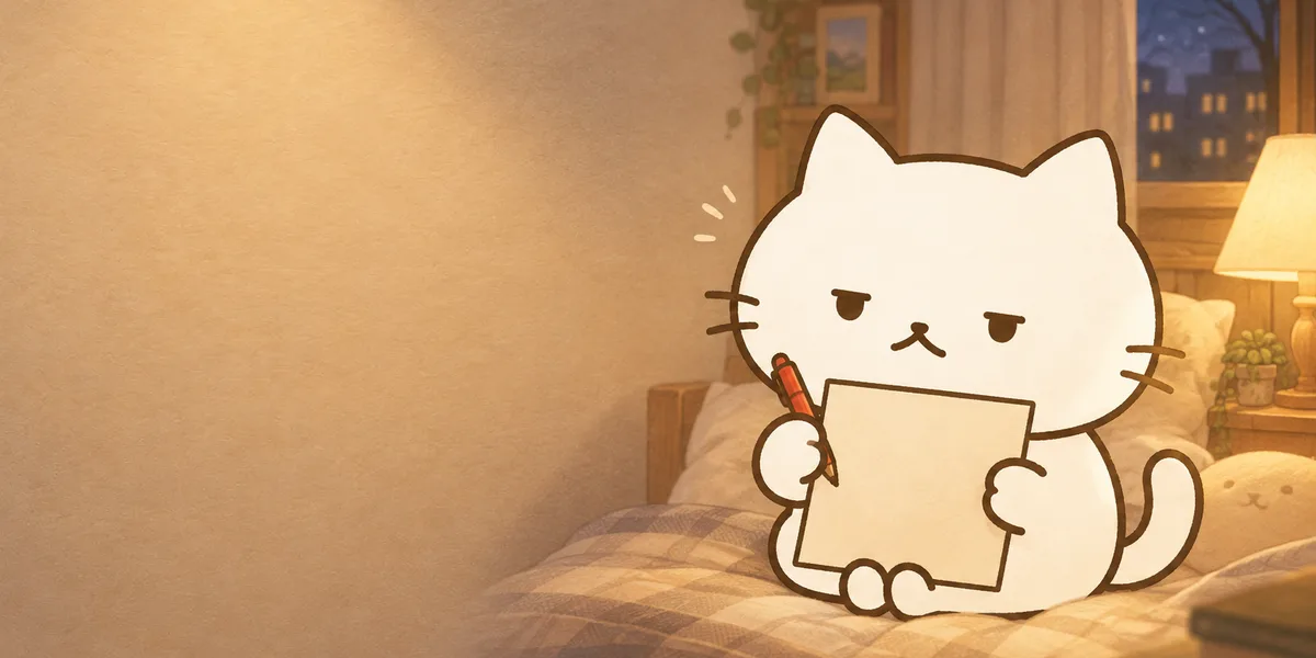 밤에 침대에 앉아 가채점표와 빨간 펜을 든 점냥이
