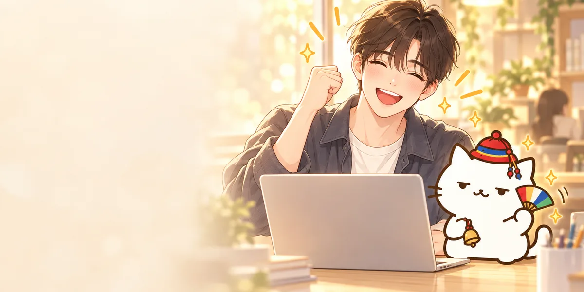 스터디카페 노트북 앞에서 주먹을 쥐고 기뻐하는 남자와 옆에서 부채를 흔드는 무당 점냥이