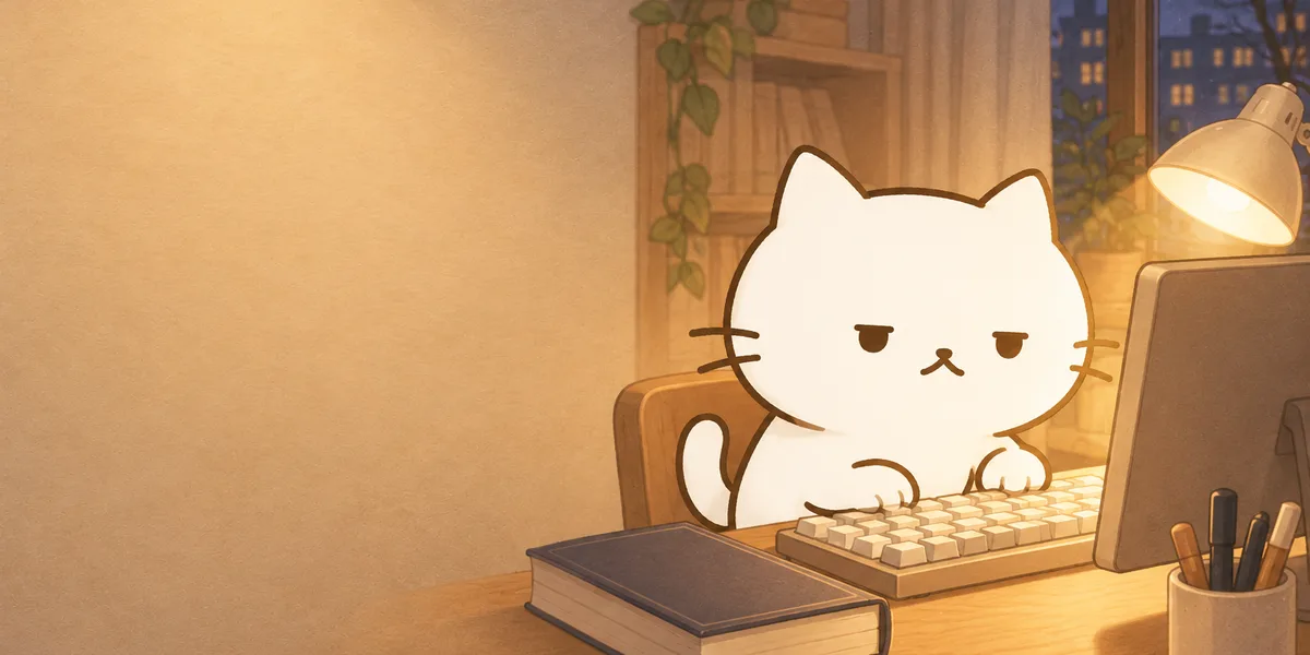 빈 화면의 모니터와 키보드 앞에서 집중하는 점냥이