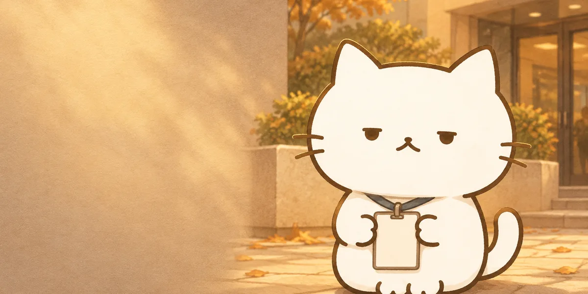 회사 건물 앞에서 사원증을 든 점냥이