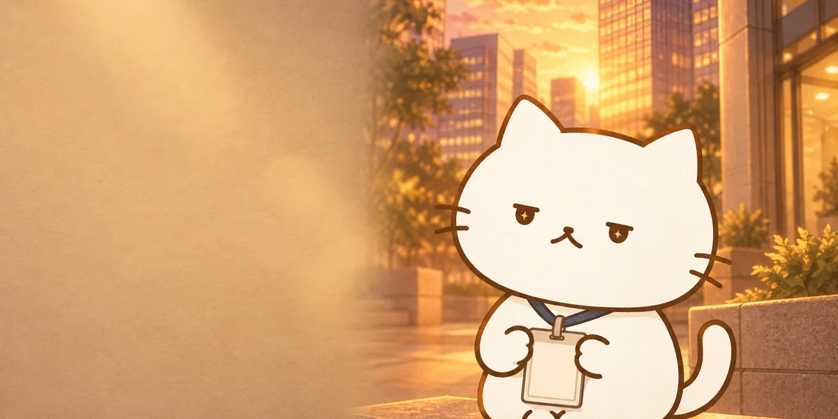 회사 건물 앞에서 사원증을 든 점냥이