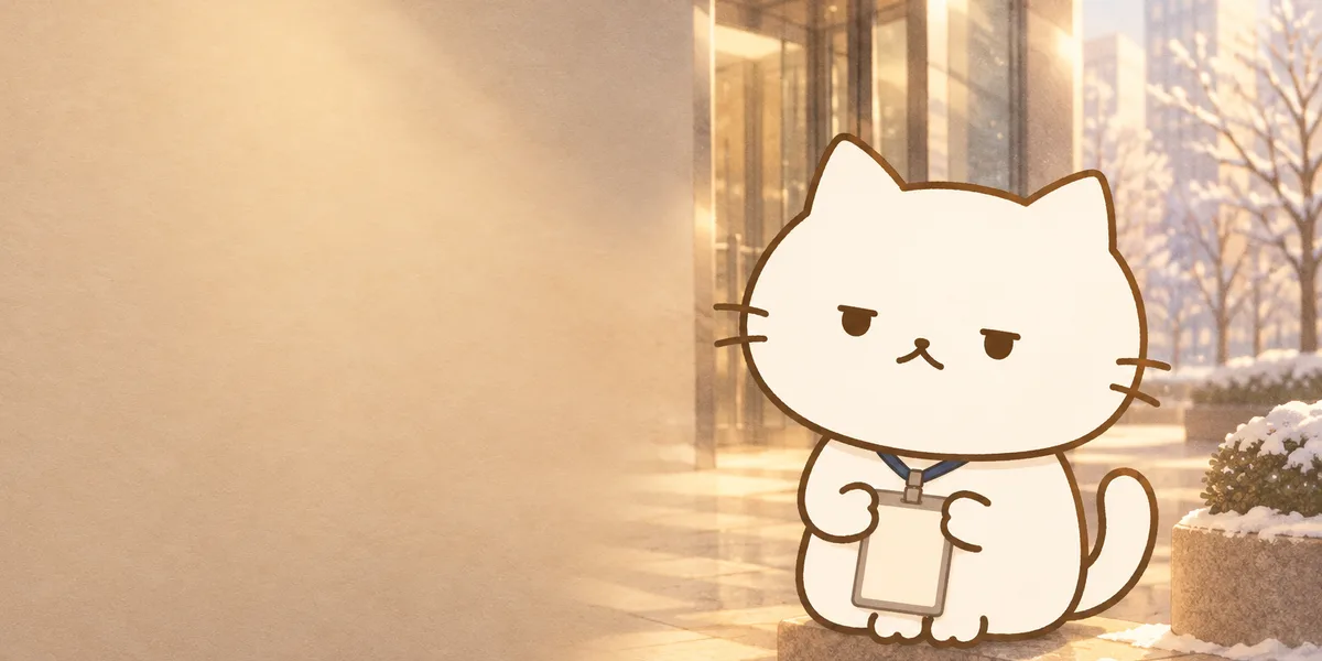 회사 건물 앞에서 사원증을 든 점냥이