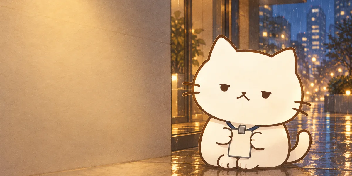 회사 건물 앞에서 사원증을 든 점냥이