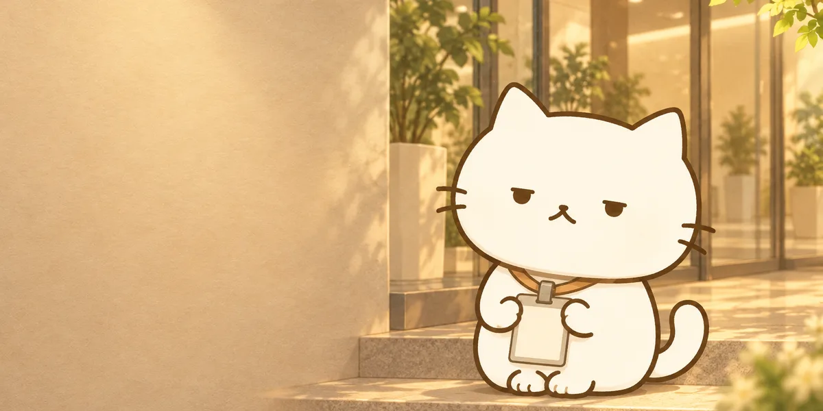 회사 건물 앞에서 사원증을 든 점냥이