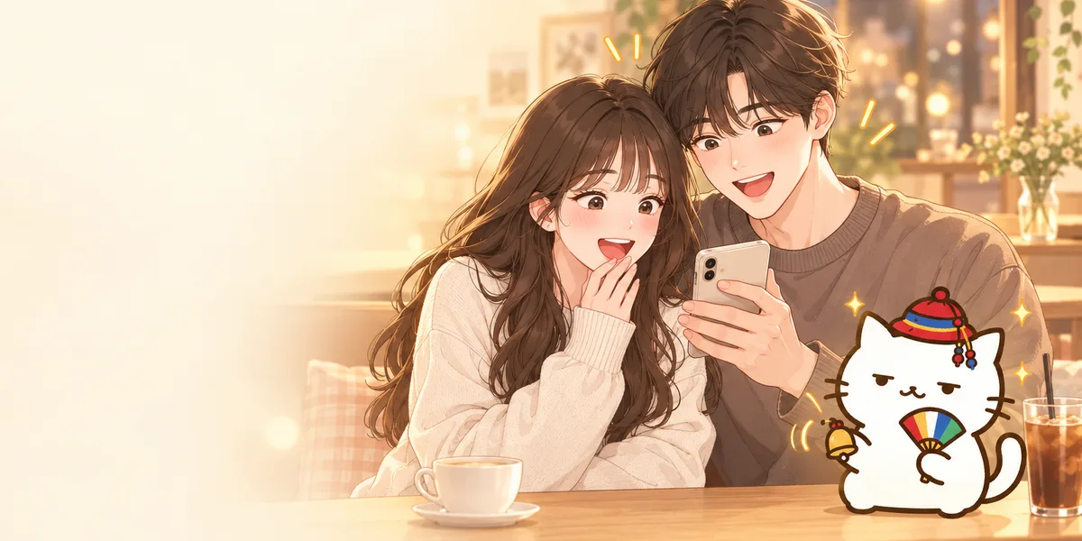 카페 벤치에서 휴대폰을 함께 보며 놀란 연인과 옆에서 방울을 흔드는 무당 점냥이