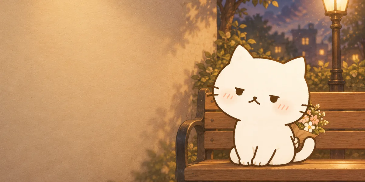 밤 공원 벤치에서 작은 꽃다발을 든 점냥이