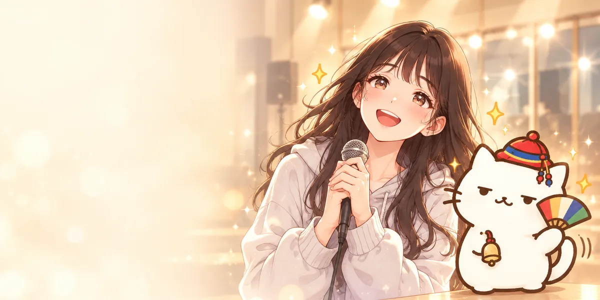 연습실 무대 조명 아래 마이크를 든 연습생과 옆에서 부채를 흔드는 무당 점냥이