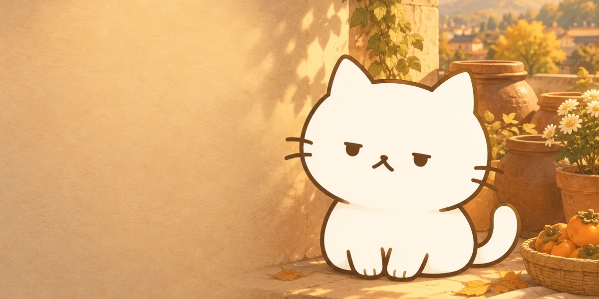 흙 기운을 상징하는 소품과 함께 앉은 점냥이