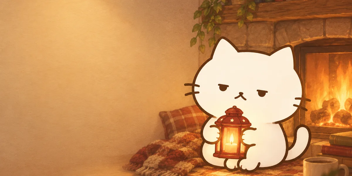 불 기운을 상징하는 소품과 함께 앉은 점냥이