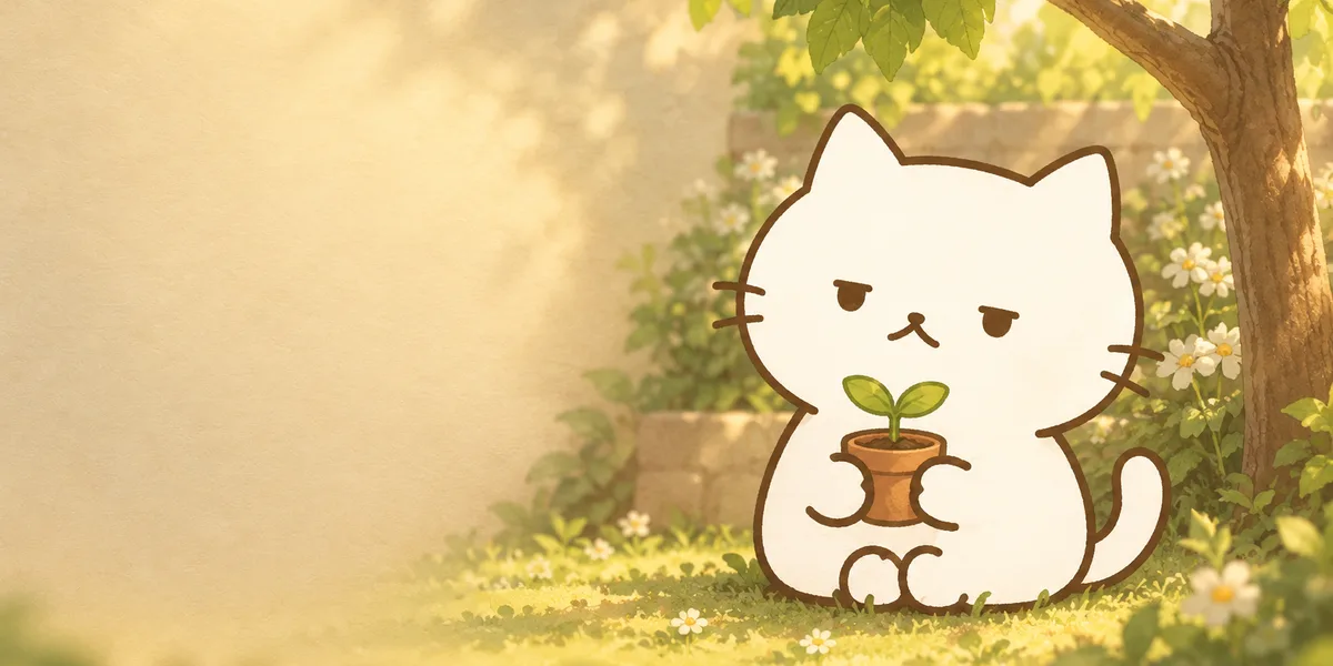 나무 기운을 상징하는 소품과 함께 앉은 점냥이