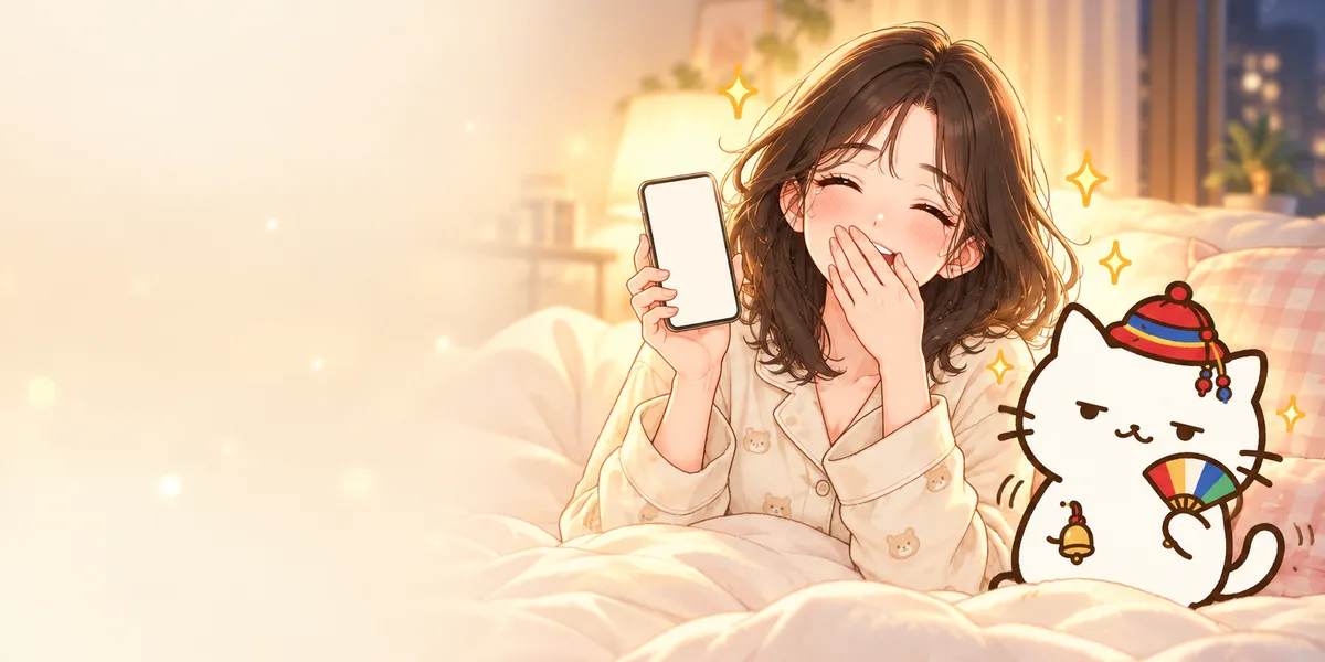 밤에 침대에서 휴대폰을 들고 입을 가린 채 기뻐하는 여자와 옆에서 부채를 흔드는 무당 점냥이