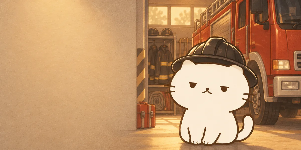 소방차 앞에서 헬멧을 든 소방복 차림 점냥이