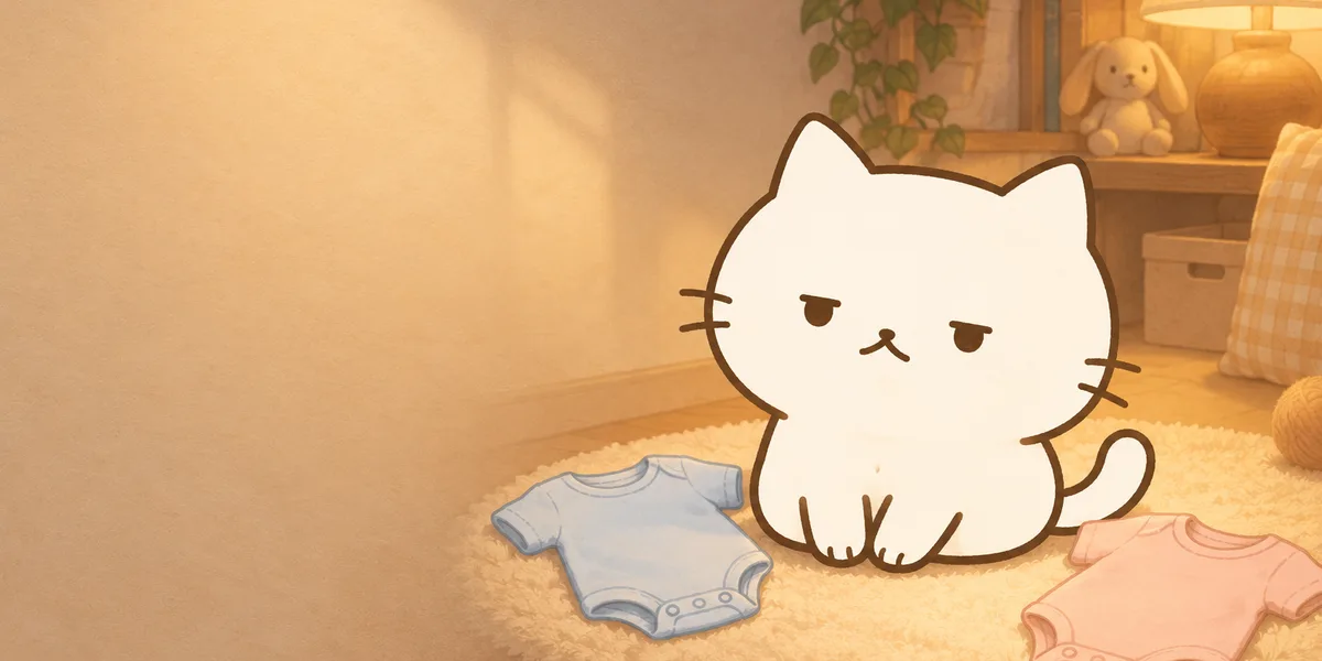 파란 아기옷과 분홍 아기옷 사이에 앉은 점냥이
