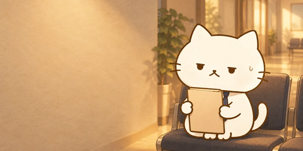 관공서 복도 대기 의자에 넥타이를 매고 앉아 빈 서류철을 든 점냥이