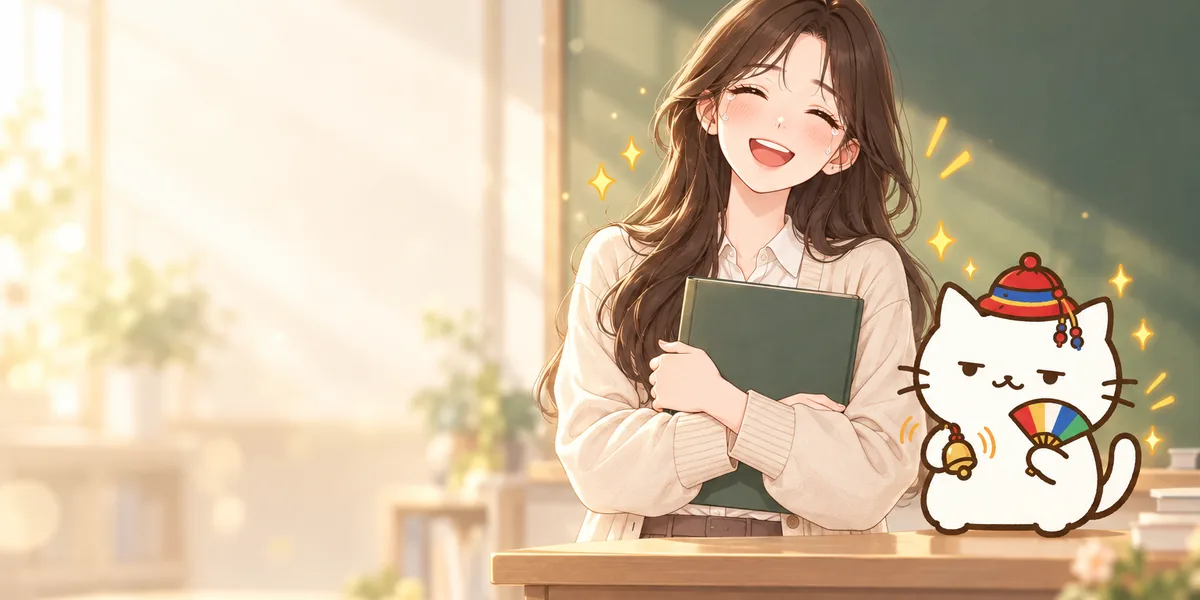 칠판 앞에서 출석부를 안고 눈물 고인 미소를 짓는 새내기 교사와 교탁 위의 무당 점냥이