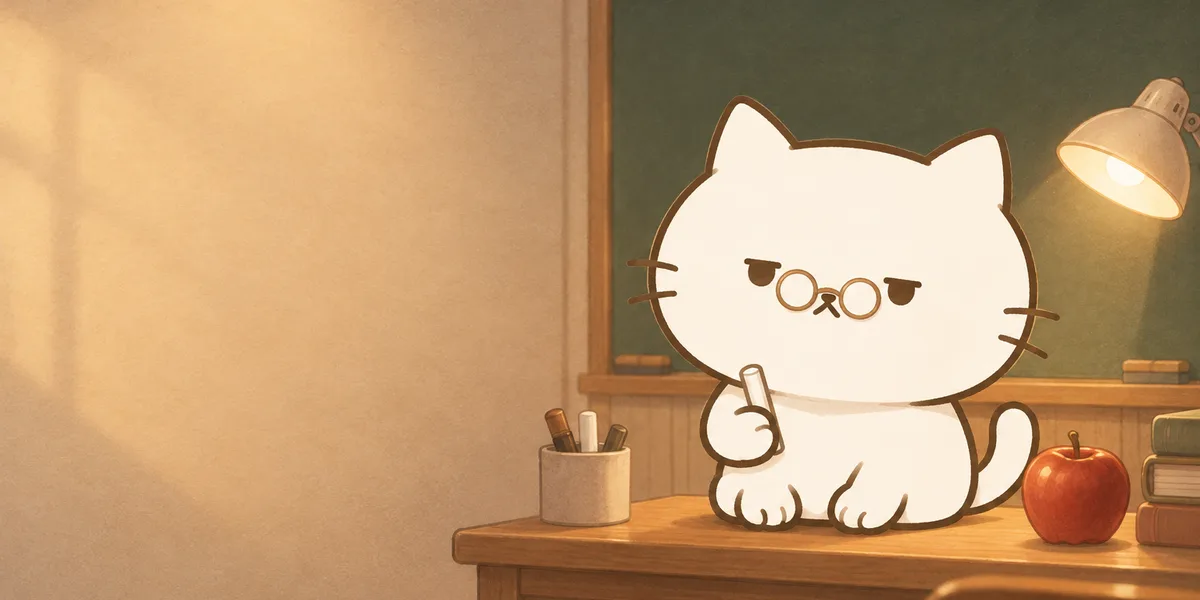 교실 칠판 앞에서 문제집을 안은 선생님 차림 점냥이