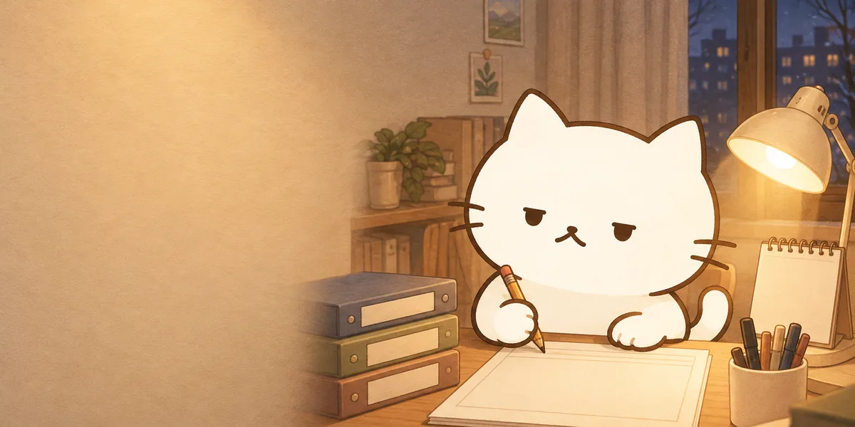 책상에서 원서와 1월 달력을 펼쳐 둔 점냥이