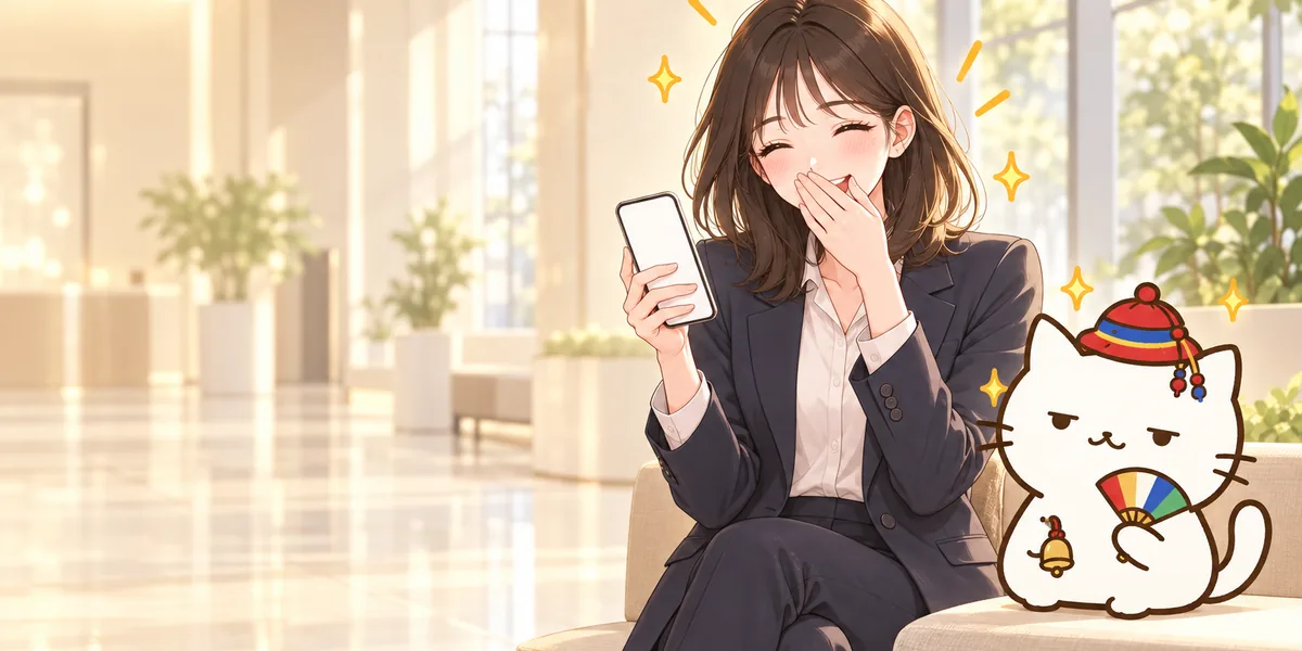 회사 로비에서 휴대폰을 보며 입을 가리고 기뻐하는 정장 차림 취준생과 옆에서 부채를 든 무당 점냥이