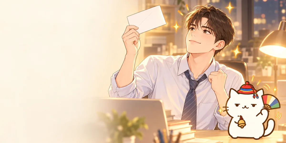 밤 사무실 책상에서 빈 봉투를 들고 결심한 표정을 짓는 남자와 옆에서 부채를 흔드는 무당 점냥이