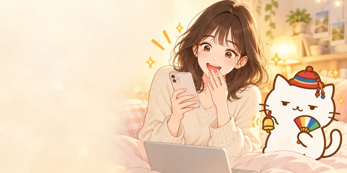 침대에서 노트북을 켜 둔 채 휴대폰을 보며 기뻐하는 여자와 옆에서 방울을 흔드는 무당 점냥이