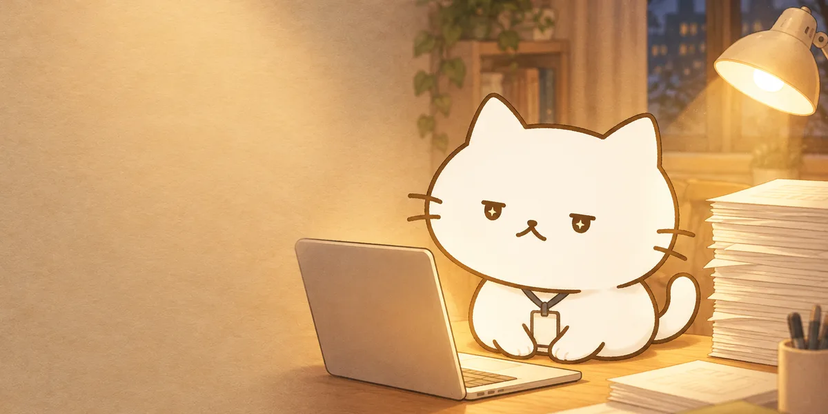 빈 이력서 더미와 노트북 옆에서 빈 사원증을 목에 건 점냥이
