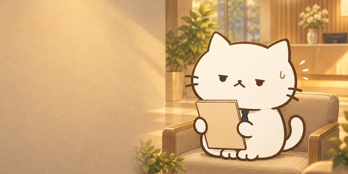 회사 로비에서 정장 차림으로 면접을 기다리는 점냥이