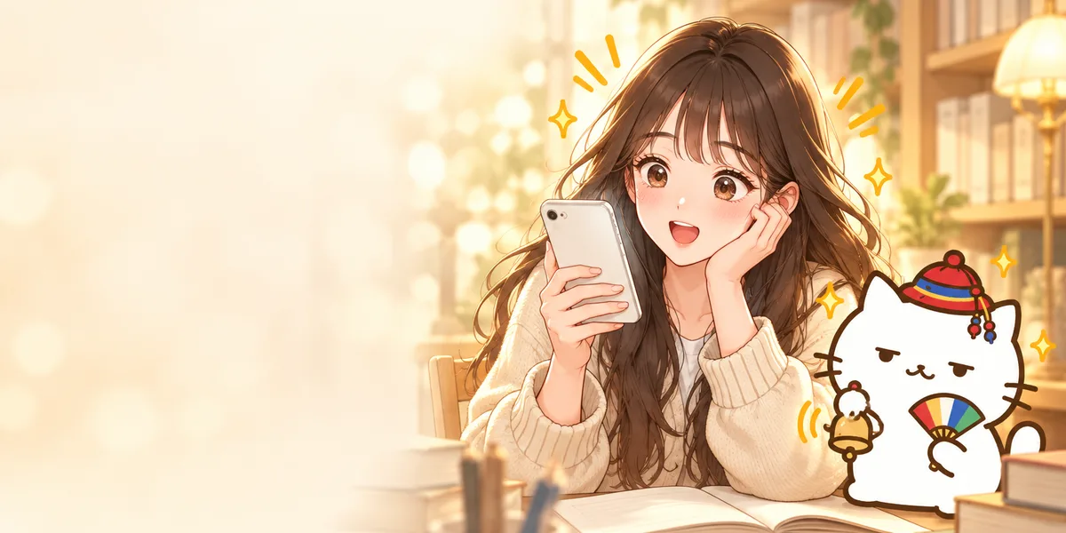 도서관 책상에서 휴대폰을 보며 기뻐하는 여자와 옆에서 방울을 흔드는 무당 점냥이