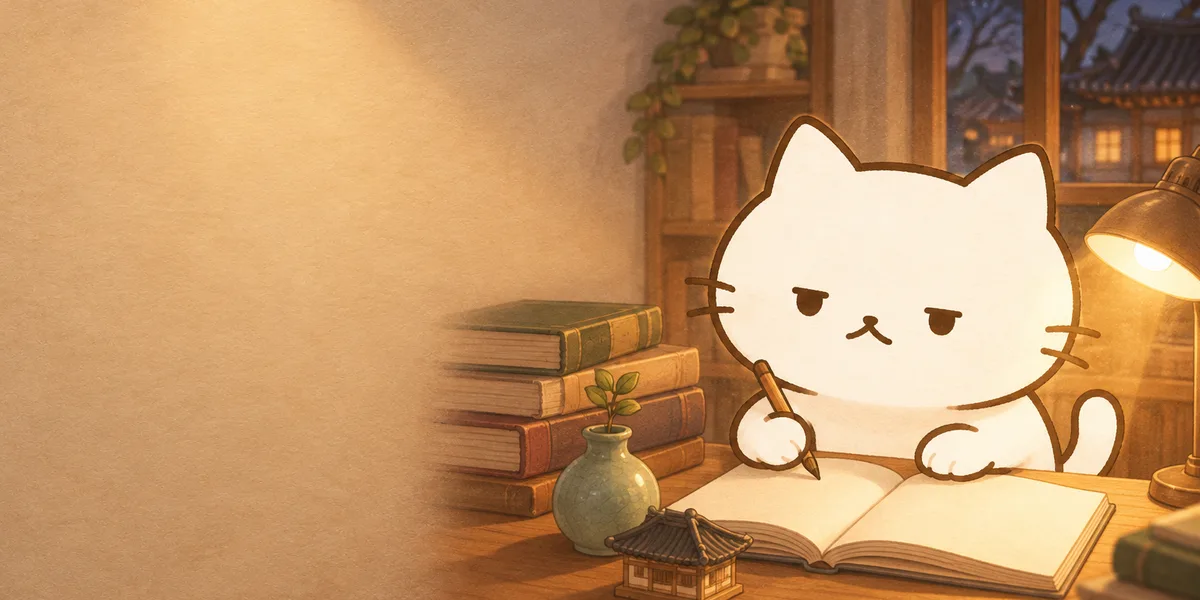 옛 역사책과 청자 화병 옆에서 공부하는 점냥이