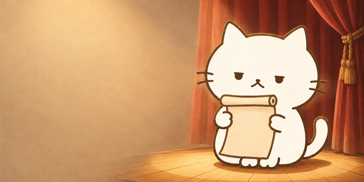 붉은 커튼 무대 위에서 대본을 든 점냥이