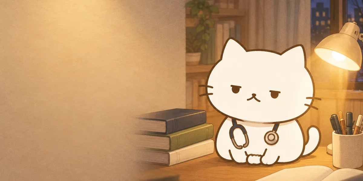 책 더미와 청진기 옆에 앉은 점냥이