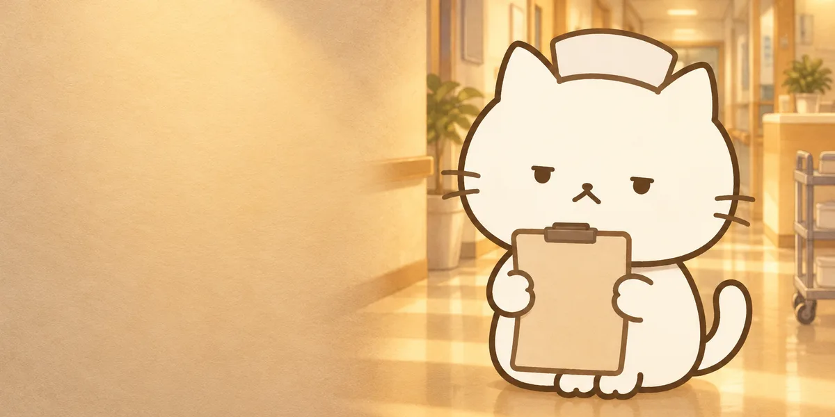 병원 복도에서 간호사 모자를 쓰고 차트를 든 점냥이
