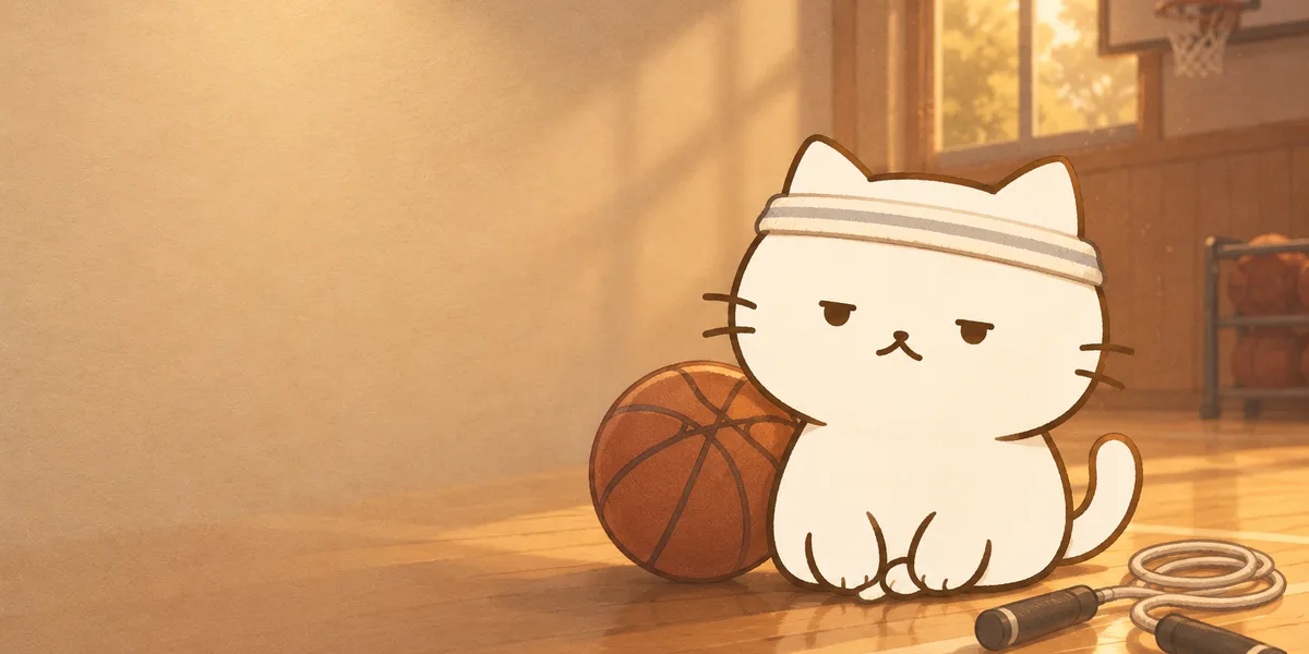 농구공 옆에서 머리띠를 두른 점냥이