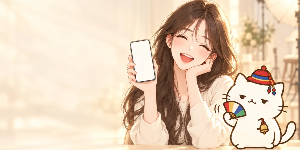촬영 스튜디오에서 휴대폰을 보며 자신 있게 웃는 모델 지망생과 옆에서 부채를 흔드는 무당 점냥이