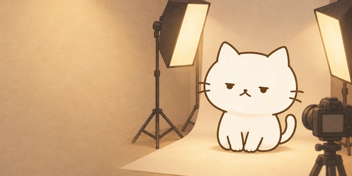 흰 배경 촬영장에서 포즈를 잡는 점냥이