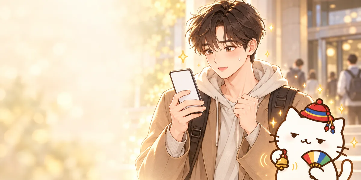 시험장 건물을 나서며 휴대폰을 보는 남자와 옆에서 방울을 흔드는 무당 점냥이