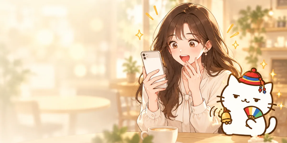 카페에서 휴대폰을 보고 놀라며 기뻐하는 취업준비생과 옆에서 방울을 흔드는 무당 점냥이