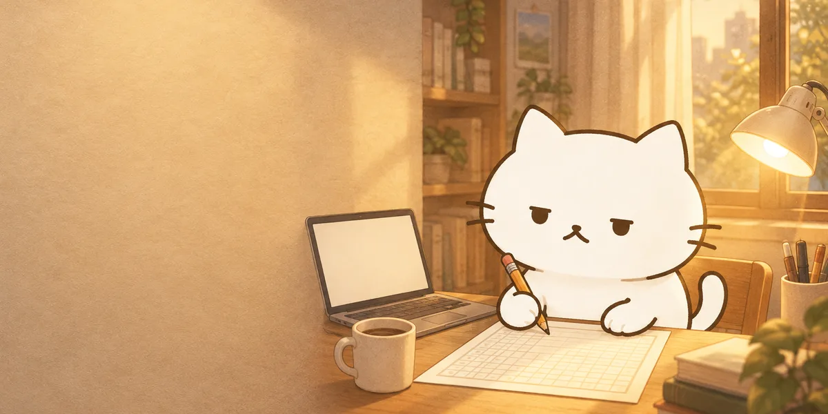사무실 책상에서 답안지와 연필을 든 점냥이