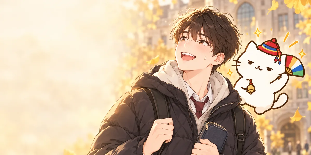 은행잎 떨어지는 대학 건물 앞에서 필통을 들고 희망찬 얼굴로 걸어 나오는 수험생과 옆의 무당 점냥이