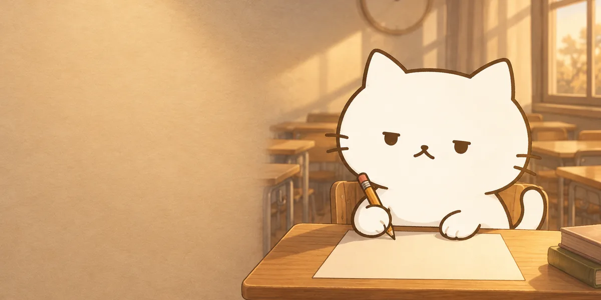 시험장에서 긴 답안지에 논술을 쓰는 점냥이
