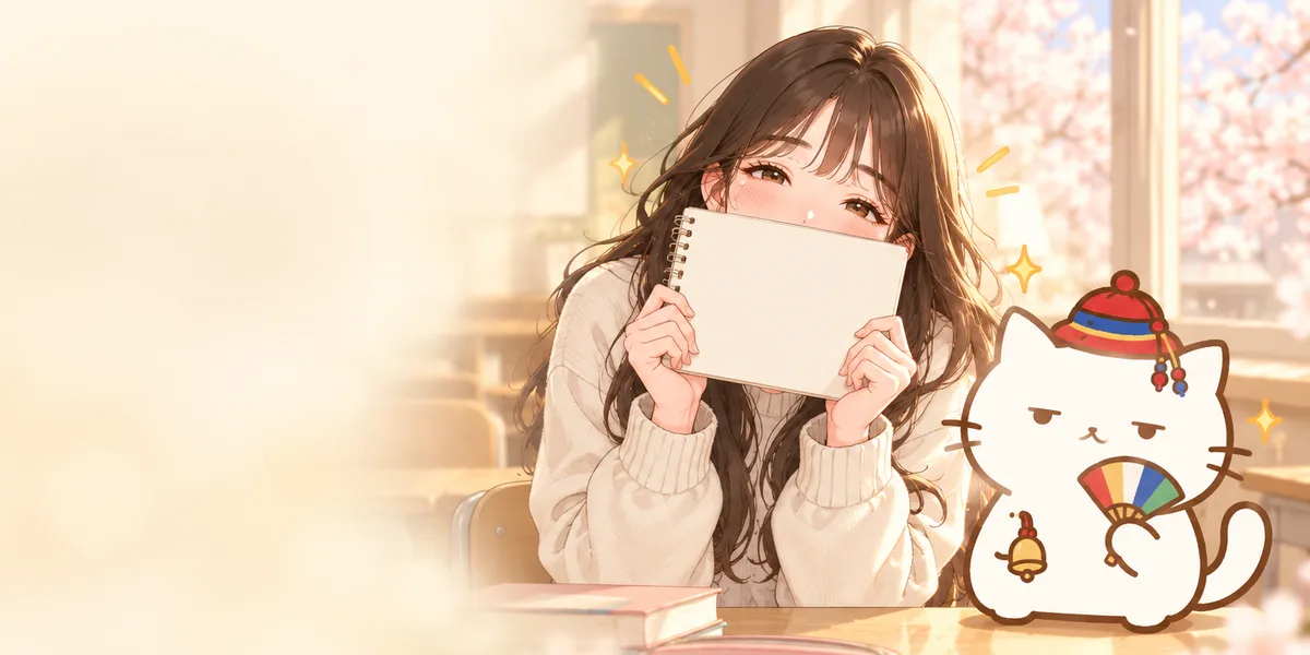 편지를 들고 설레는 표정의 여자와 옆에서 방울을 흔드는 무당 점냥이