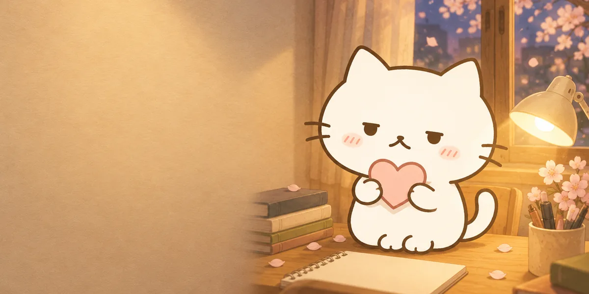 책상 위 노트 옆에서 하트를 안고 있는 점냥이