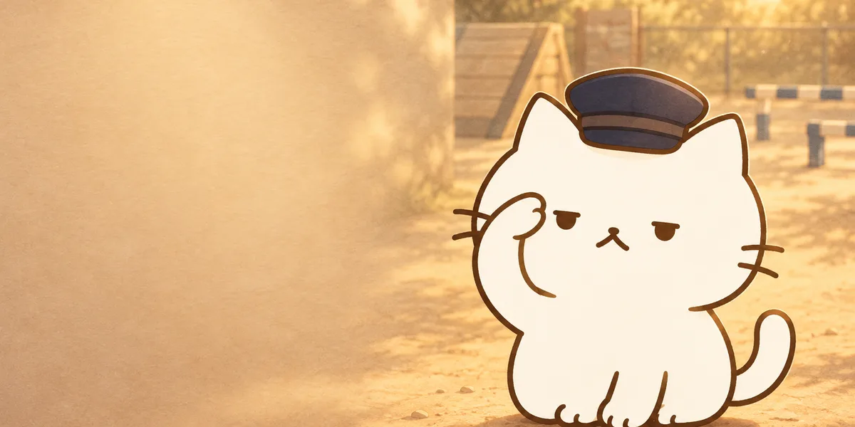 훈련장에서 경례하는 경찰 제복 차림 점냥이