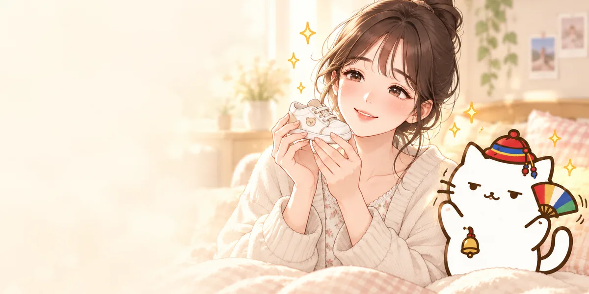 침대에 앉아 아기 양말을 들고 웃는 여자와 옆에서 방울을 흔드는 무당 점냥이