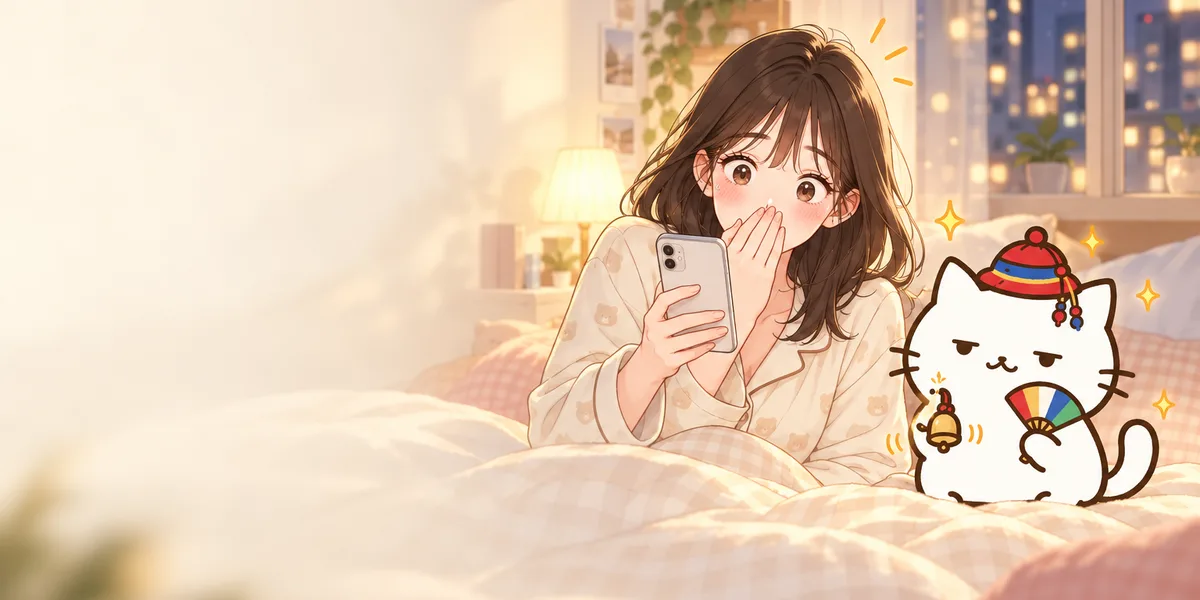 침대에서 휴대폰을 보며 놀란 여자와 옆에서 방울을 흔드는 무당 점냥이