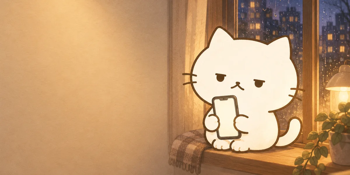 밤 창가에서 휴대폰을 쥐고 있는 점냥이