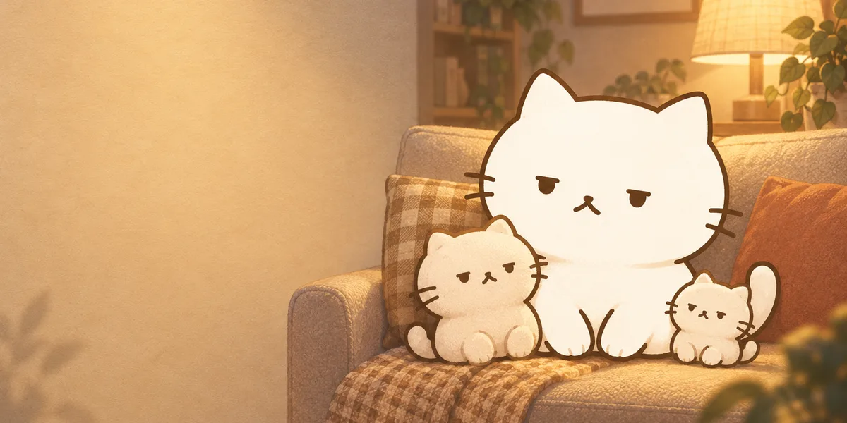 소파에서 작은 아기 고양이 둘과 함께 앉은 점냥이