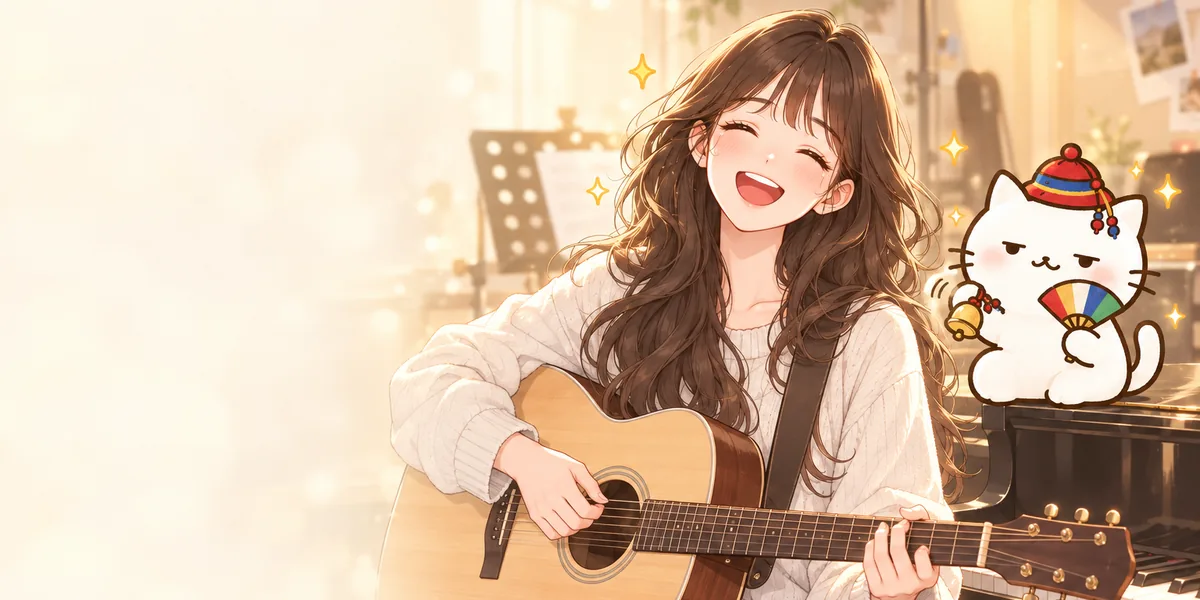 연습실에서 기타를 안고 눈을 감은 채 웃는 수험생과 피아노 위에서 방울을 흔드는 무당 점냥이