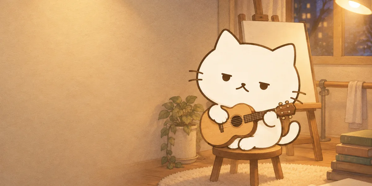 연습실에서 기타를 든 점냥이